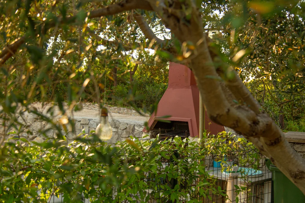Terracotta-red masonry barbecue with a grill grate behind a dry stone wall, framed by olive branches
