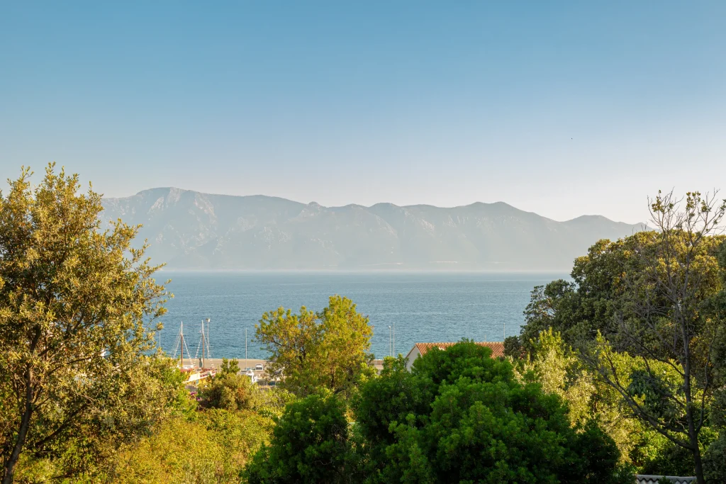 Sea and a long mountain ridge seen over treetops, with masted boats moored at the harbour below